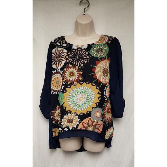 Lan Yi ZI Kou Hi-Low Tunic Blue Geometric Pleated Back 3/4 Sleeve Top Large - Picture 2 of 8